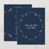 Blauw & Zilveren Lijst Elegante Trouw Save the Dat Aankondigingskaart (Voorkant / Achterkant)