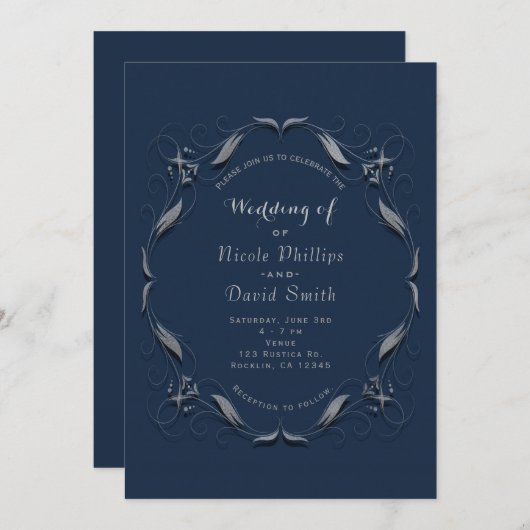 Blauw & Zilveren lijst Elegante Trouwuitnodigingen Kaart (Voorkant / Achterkant)