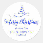 Blauw Zilveren Lint Boom Kerst Script Ronde Sticker (Voorkant)