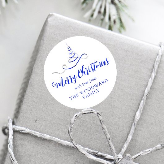 Blauw Zilveren Lint Boom Kerst Script Ronde Sticker