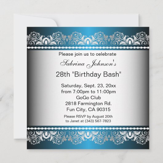 Blauw & Zilveren Lint Feest Template Kaart (Achterkant)