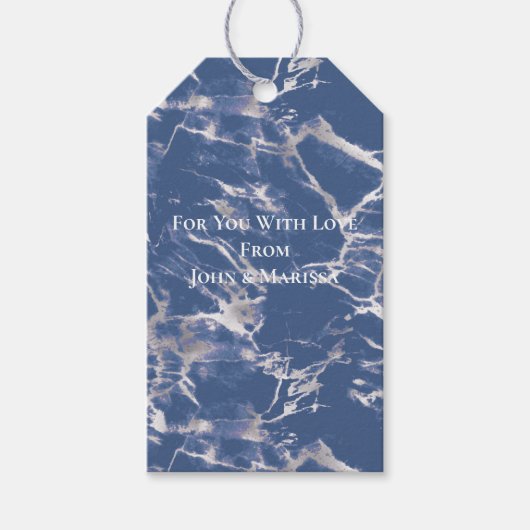 Blauw zilveren marmer cadeaulabel (Voorkant)