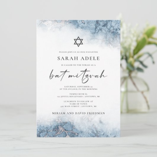 Blauw Zilveren Marmeren Bat Mitzvah Kaart (Staand voorkant)