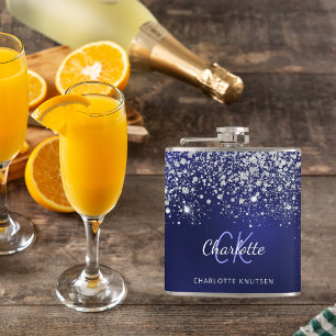 Blauw zilveren monogram, naam script glitter spark heupfles