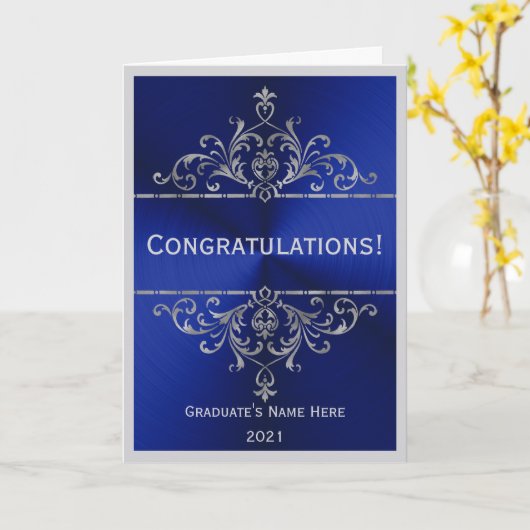  Blauw Zilveren Naam Felicitatie Afstuderen Kaart (Gele Bloem)