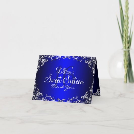 Blauw Zilveren Parel Damask Sweet 16 Dank u kaart (Voorkant)