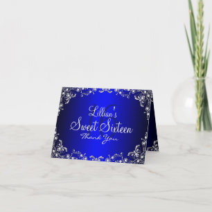 Blauw Zilveren Parel Damast Sweet 16 Dankkaart Bedankkaart