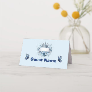 Blauw Zilveren Prins Kroon Baby Shower Plaatkaarte Plaatskaartje