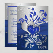 Blauw, zilveren rollen, harten bruiloft uitnodigin kaart (Voorkant / Achterkant)