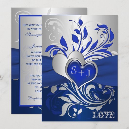 Blauw, zilveren rollen, harten bruiloft uitnodigin kaart (Voorkant / Achterkant)