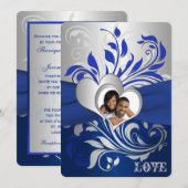 Blauw, Zilveren Rollen, Harten Foto Bruiloft uitno Kaart (Voorkant / Achterkant)