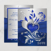 Blauw, Zilveren Rollen, Harten RSVP Kaart (Voorkant / Achterkant)