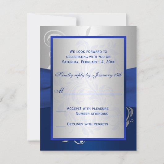 Blauw, zilveren rollen, harten RSVP-kaart RSVP Kaartje (Achterkant)