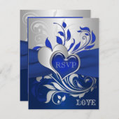 Blauw, zilveren rollen, harten RSVP-kaart RSVP Kaartje (Voorkant / Achterkant)