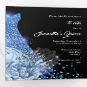 Blauw zilveren roos PHOTO quinceanera florale glit Drieluik Uitnodiging (Binnenzijde eerst)