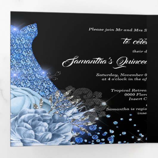 Blauw zilveren roos PHOTO quinceanera florale glit Drieluik Uitnodiging (Binnenzijde eerst)