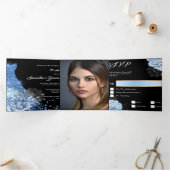 Blauw zilveren roos PHOTO quinceanera florale glit Drieluik Uitnodiging (Binnen)