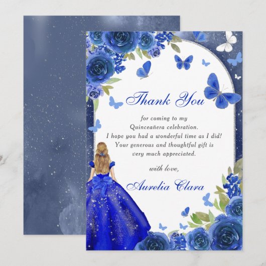 Blauw Zilveren Roos Quinceanera Dankkaart Kaart (Voorkant / Achterkant)