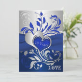 Blauw, Zilveren Scrollen, Harten Jubileum uitnodig Kaart (Staand voorkant)