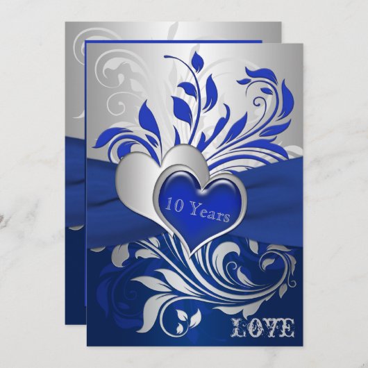 Blauw, Zilveren Scrollen, Harten Jubileum uitnodig Kaart (Voorkant / Achterkant)