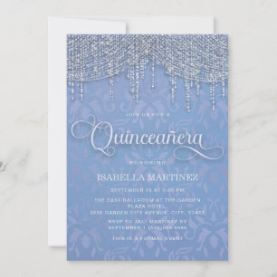 Blauw zilveren slingerlichten damast Quinceañera Kaart