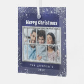 Blauw zilveren sneeuwfotovenster glas ornament (Voorkant links)