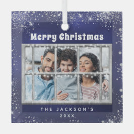 Blauw zilveren sneeuwfotovenster glas ornament