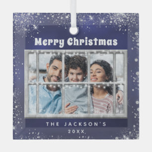 Blauw zilveren sneeuwfotovenster glas ornament
