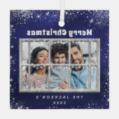 Blauw zilveren sneeuwfotovenster glas ornament (Achterkant)