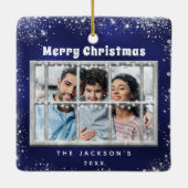 Blauw zilveren sneeuwfotovenster keramisch ornament (Achterkant)