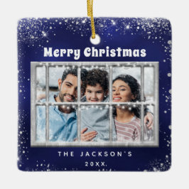 Blauw zilveren sneeuwfotovenster keramisch ornament