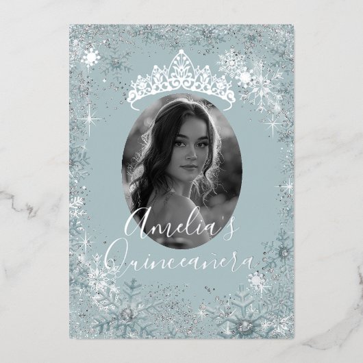 Blauw Zilveren Sneeuwvlok Foto Quinceanera Folie Uitnodiging (Voorkant)