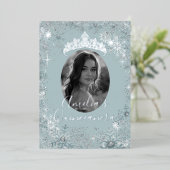 Blauw Zilveren Sneeuwvlok Foto Quinceanera Folie Uitnodiging (Staand Voorkant)