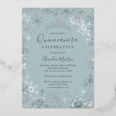 Blauw Zilveren Sneeuwvlok Foto Quinceanera Folie Uitnodiging (Achterkant)