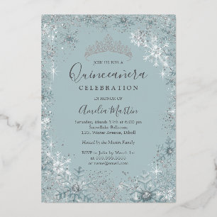 Blauw Zilveren Sneeuwvlok Foto Quinceanera  Folie Uitnodiging