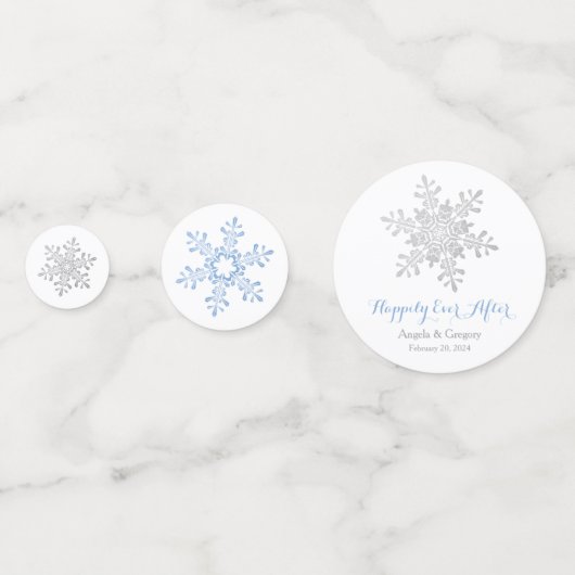 Blauw zilveren sneeuwvlok gelukkig ooit na bruilof confetti (Voorkanten)