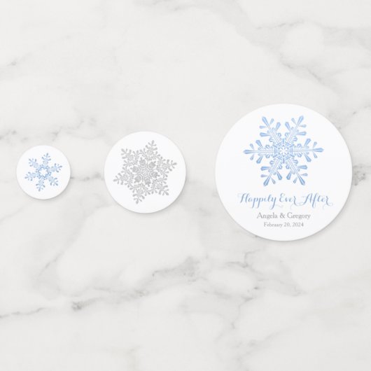 Blauw zilveren sneeuwvlok gelukkig ooit na bruilof confetti (Achterkanten)