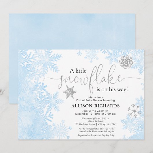 Blauw zilveren sneeuwvlok Virtual boy baby shower Kaart (Voorkant / Achterkant)