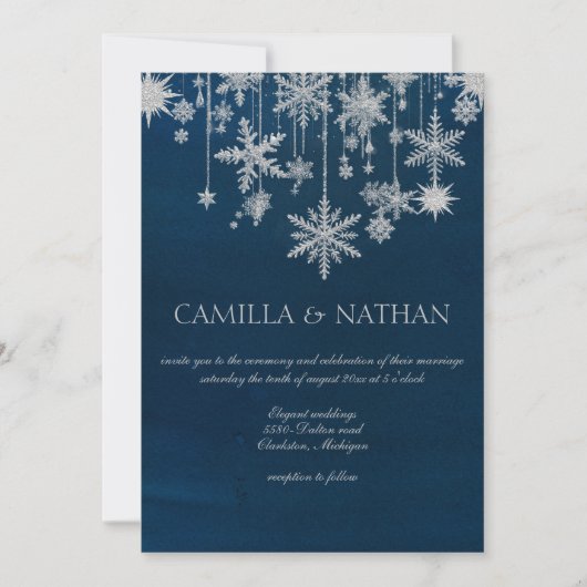 Blauw zilveren sneeuwvlok winter wonderland bruilo kaart (Voorkant)