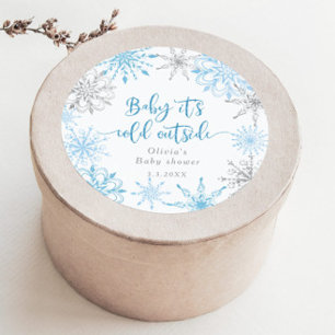 Blauw zilveren sneeuwvlokken baby het is koud buit ronde sticker
