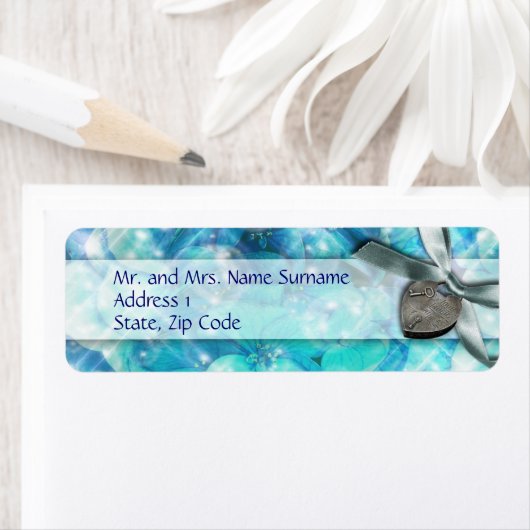 Blauw zilveren strand hartje party etiket (Insitu)