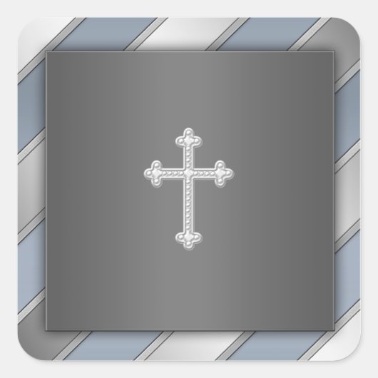 Blauw Zilveren Streep Cross Christelijk Envelopzeg Vierkante Sticker (Voorkant)