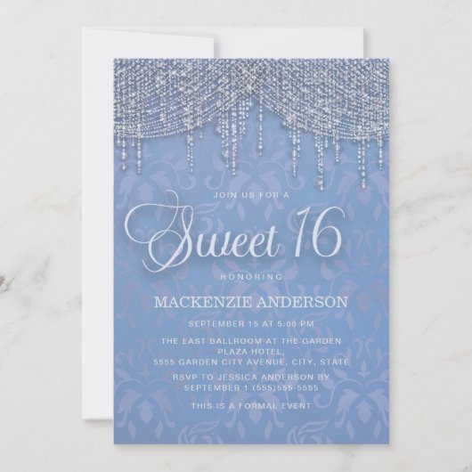 Blauw Zilveren String Lights Damask Sweet 16 Kaart (Voorkant)