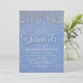 Blauw Zilveren String Lights Damask Sweet 16 Kaart (Staand voorkant)