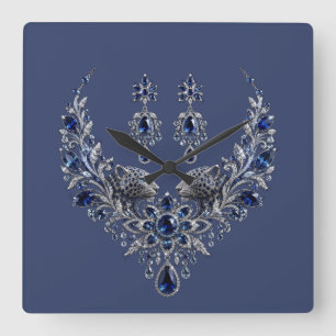 Blauw Zilveren Tijger Kristallen Sieraden Set Vierkante Klok
