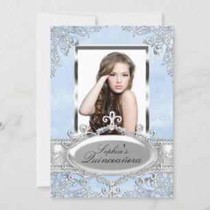 Blauw Zilveren Vintage Glamour Foto Quinceanera Kaart