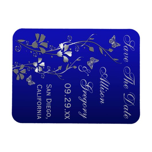 Blauw, zilveren vlinder bloemmotief opslaan datum  magneet (Horizontaal)