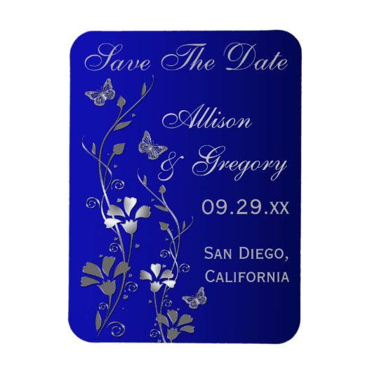 Blauw, zilveren vlinder bloemmotief opslaan datum  magneet (Verticaal)