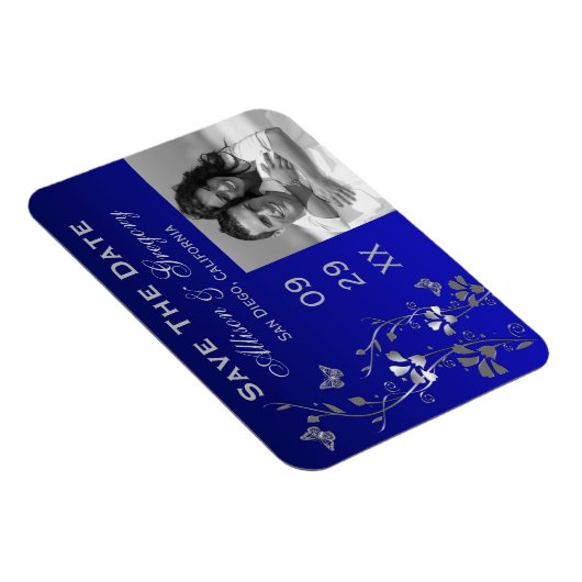 Blauw, zilveren vlinder bloemmotief opslaan datum  magneet (Rechterzijde)