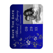 Blauw, zilveren vlinder bloemmotief opslaan datum  magneet (Verticaal)